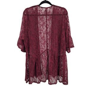 Time And Tru Lace Cardigan Maroon Peplum Ruffle Bel 3/4 Sleeves Tunic XXL